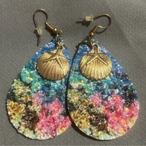 Colorful Teardrop Earrings with Gold Shell Charms